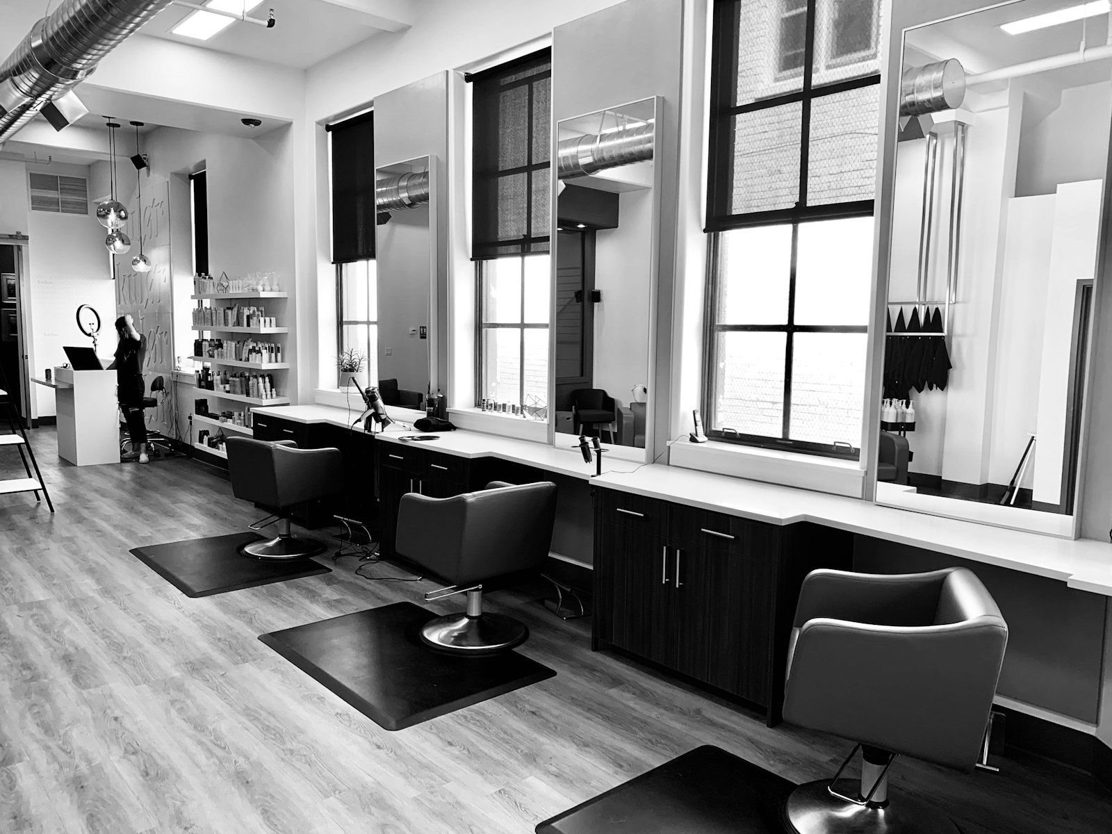 Styling stations by tall windows
